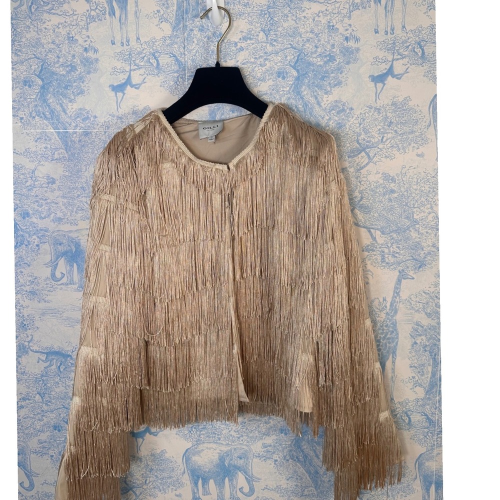 Gilli Champagne Gold Tiered Fringe Jacket Metallic Statement Shimmer Small
